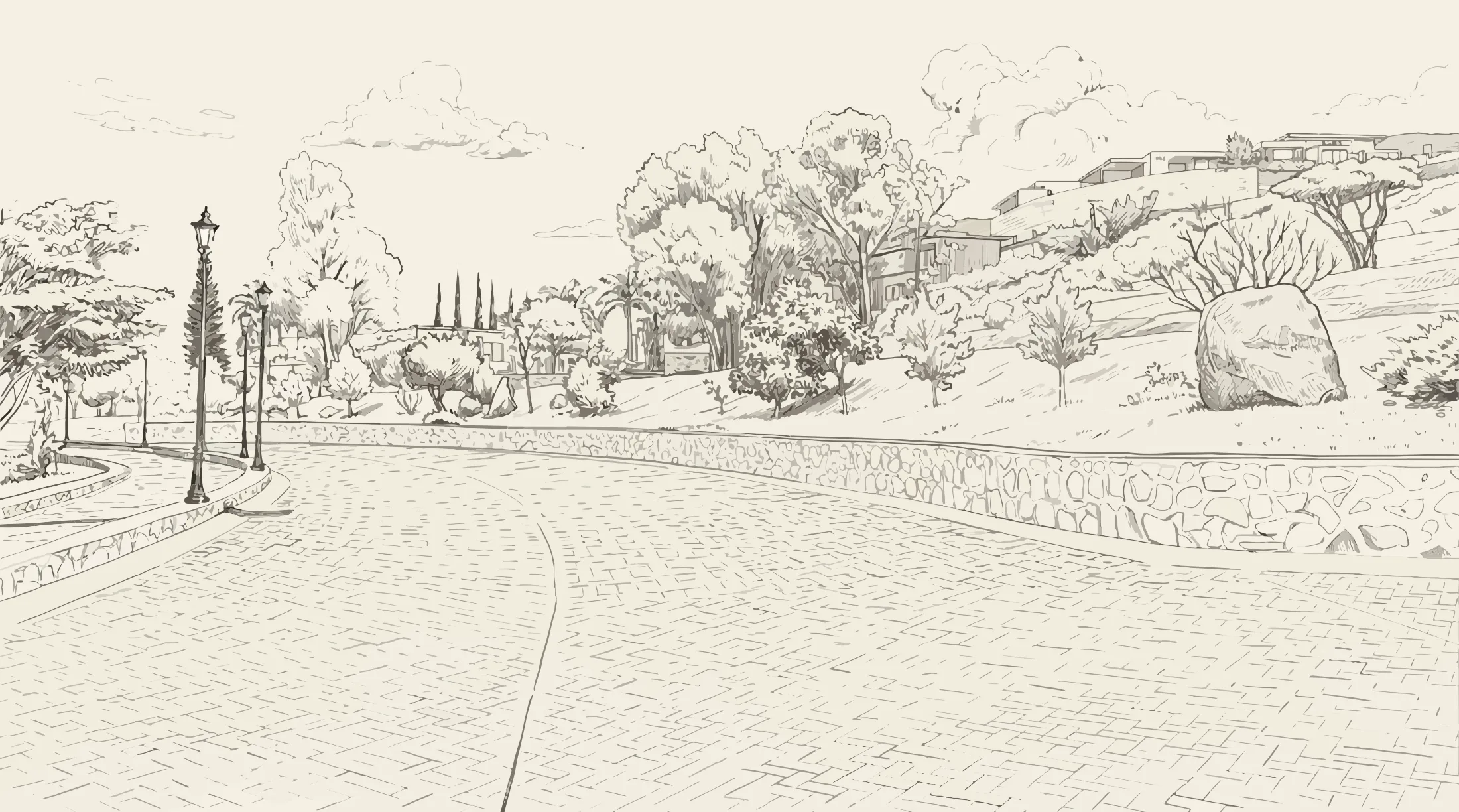 Dibujo del boulevard empedrado de acceso
