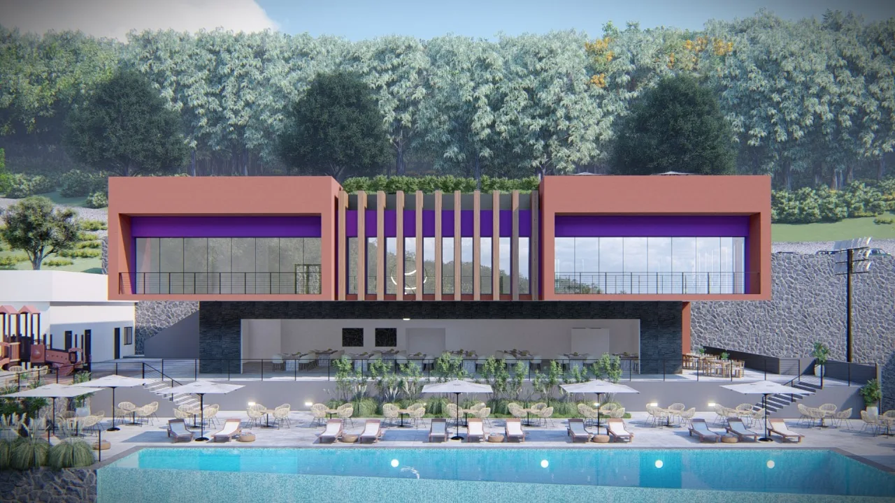 Casa club y alberca de borde infinito