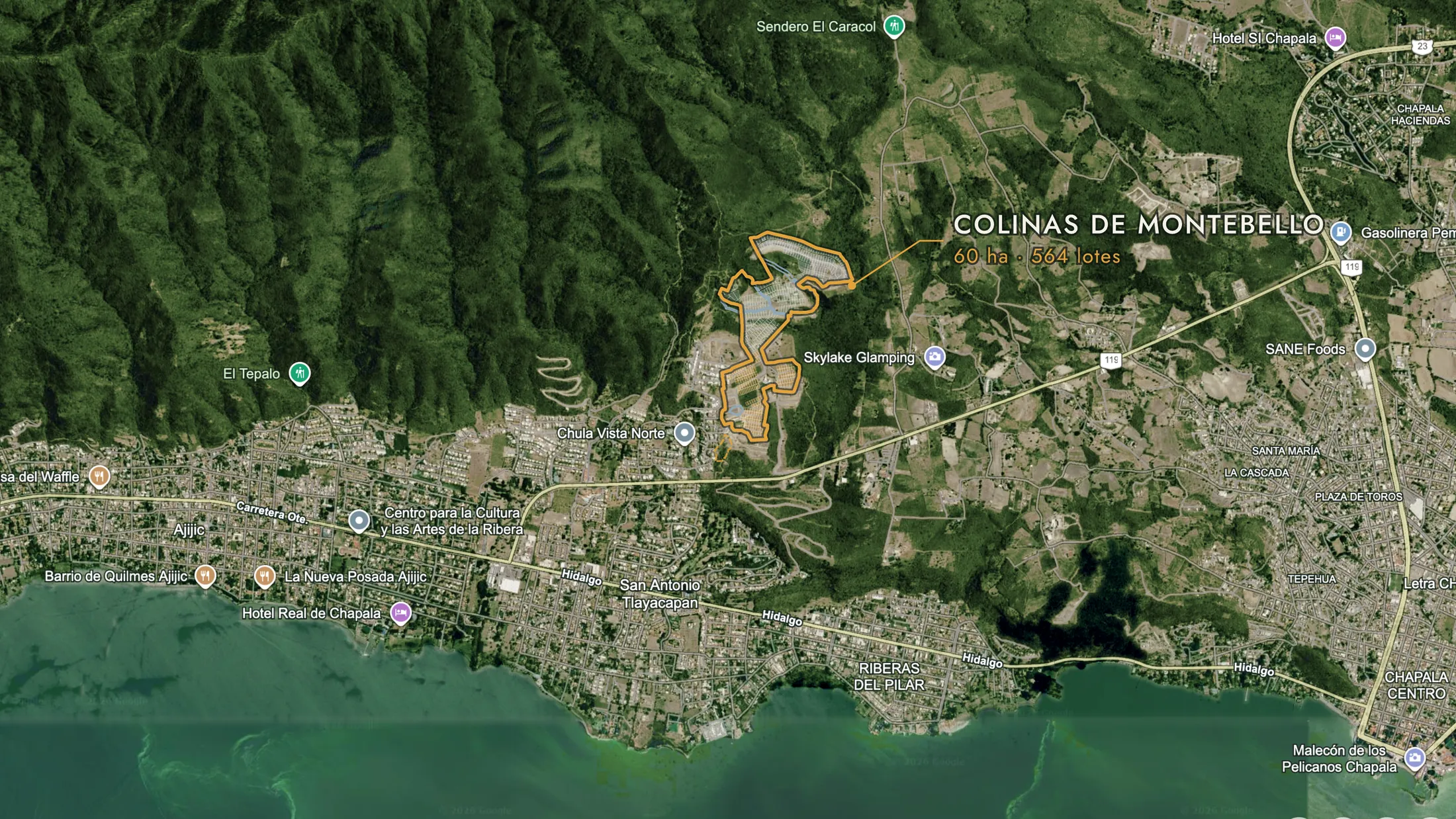 El predio de Colinas de Montebello sobre la ribera de Ajijic y el lago de Chapala